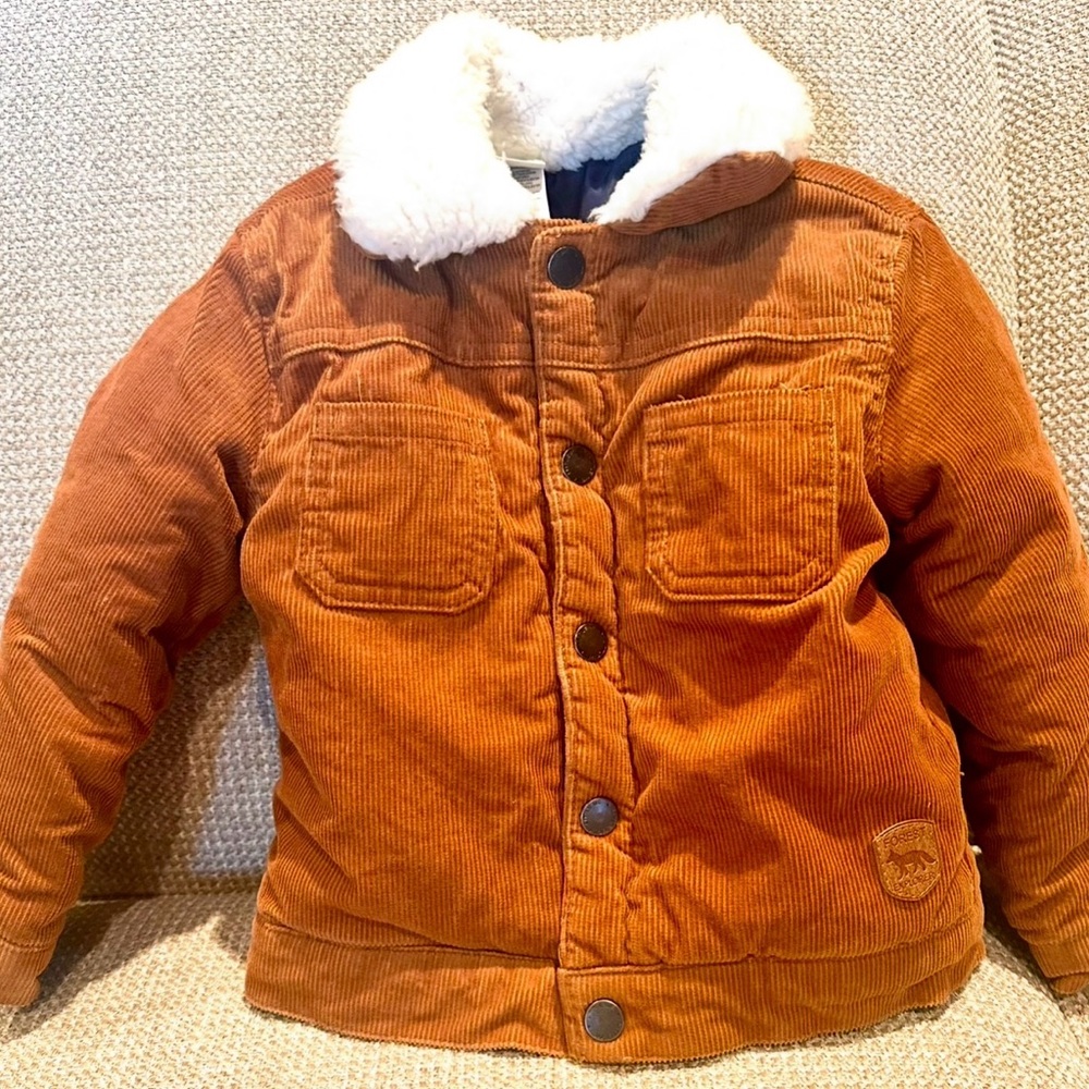 Toddler Sz 2T Corduroy Chore Coat Jacket with Faux Shearling Collar - Brown